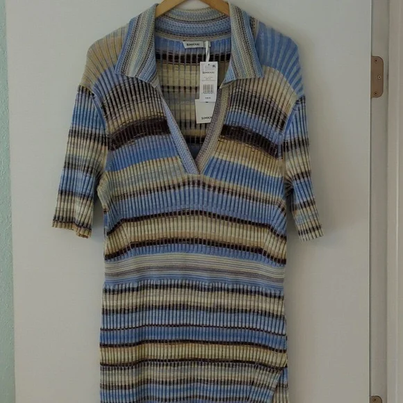 Simkhai Solana French Blue Ribbed Collared Knit Body Cone Preppy Knee Dress XL - Picture 5 of 12